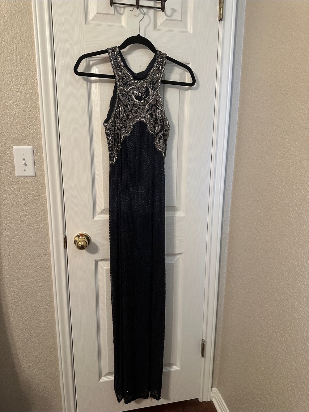 Vintage Lillie Rubin Navy Halter Gown with Silver Beaded Bodice